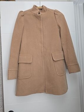 ZARA WOMAN Camel Wool Angora Blend Coat Jacket Puff Shoulder Tan XS EUC